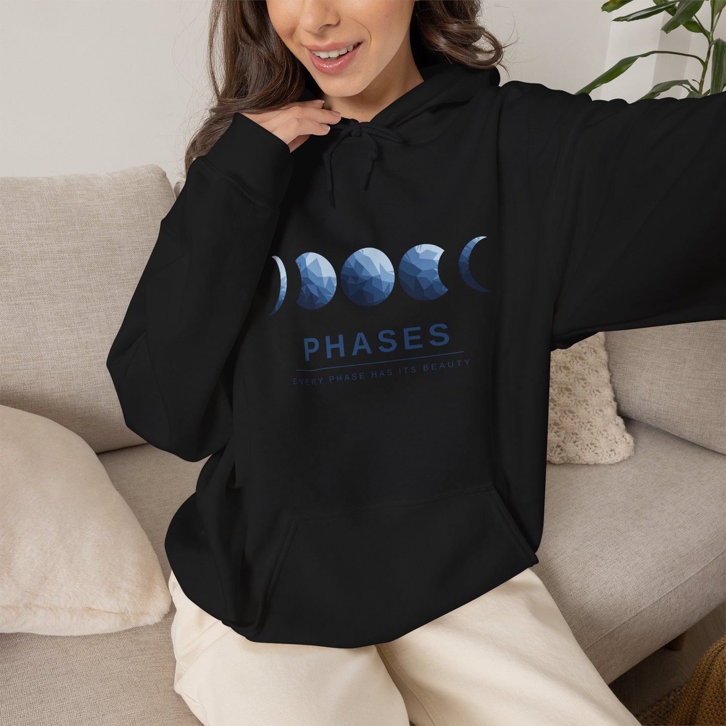 Moon Phases Hoodie — Watercolor Lunar Cycle Pullover