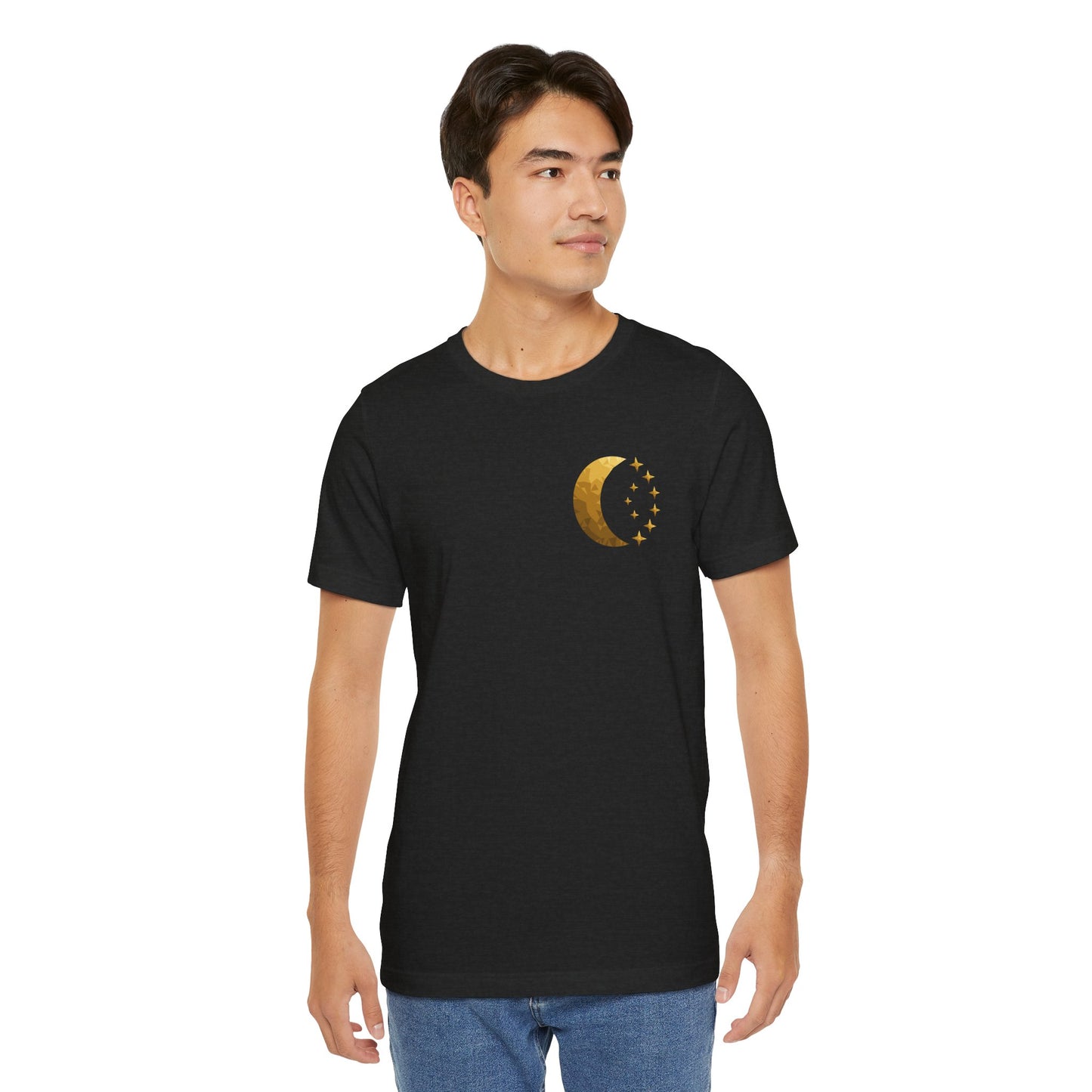 Gold Crescent Moon Tee — Minimal Celestial Graphic T-Shirt