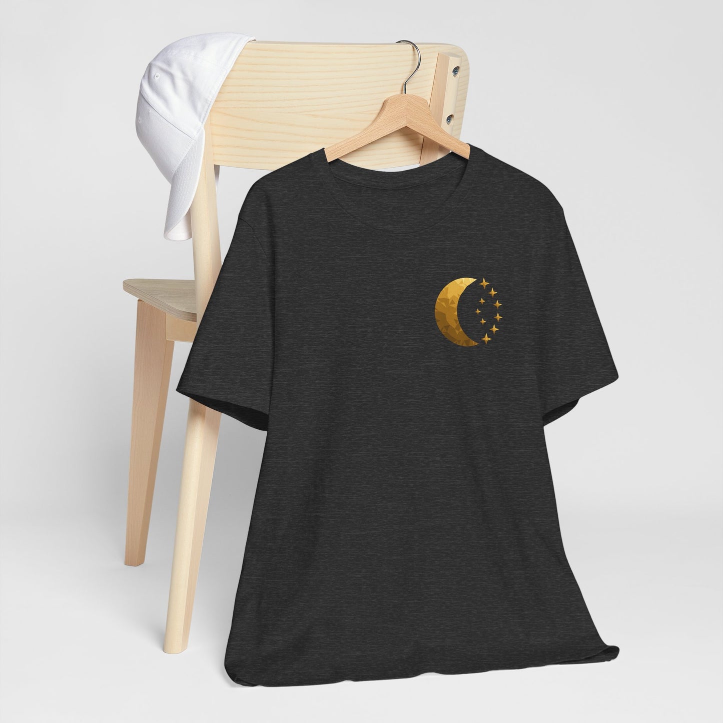Gold Crescent Moon Tee — Minimal Celestial Graphic T-Shirt