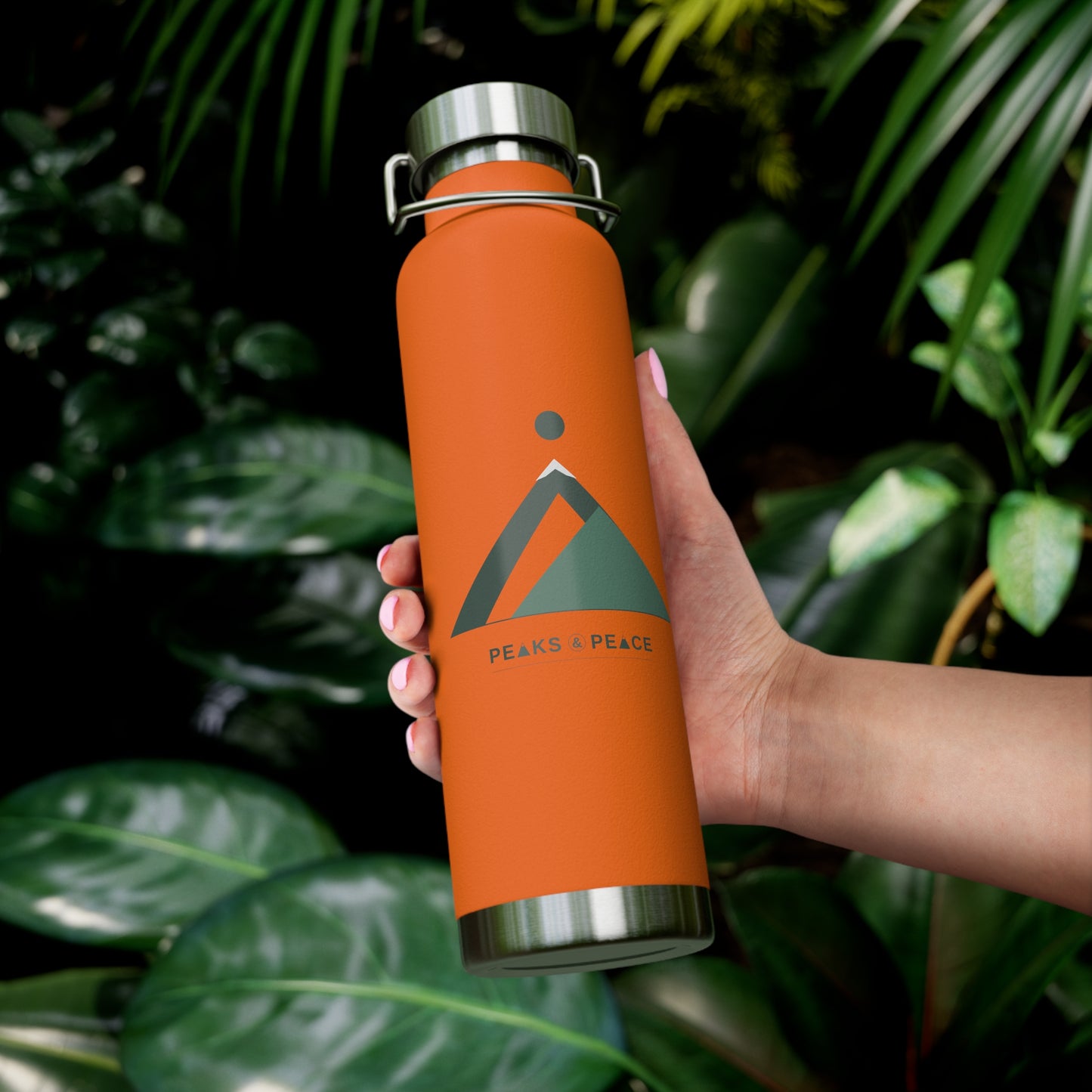 22oz Copper Vacuum Insulated Bottle — Mountain Peak Design, Keeps Drinks Hot & Cold