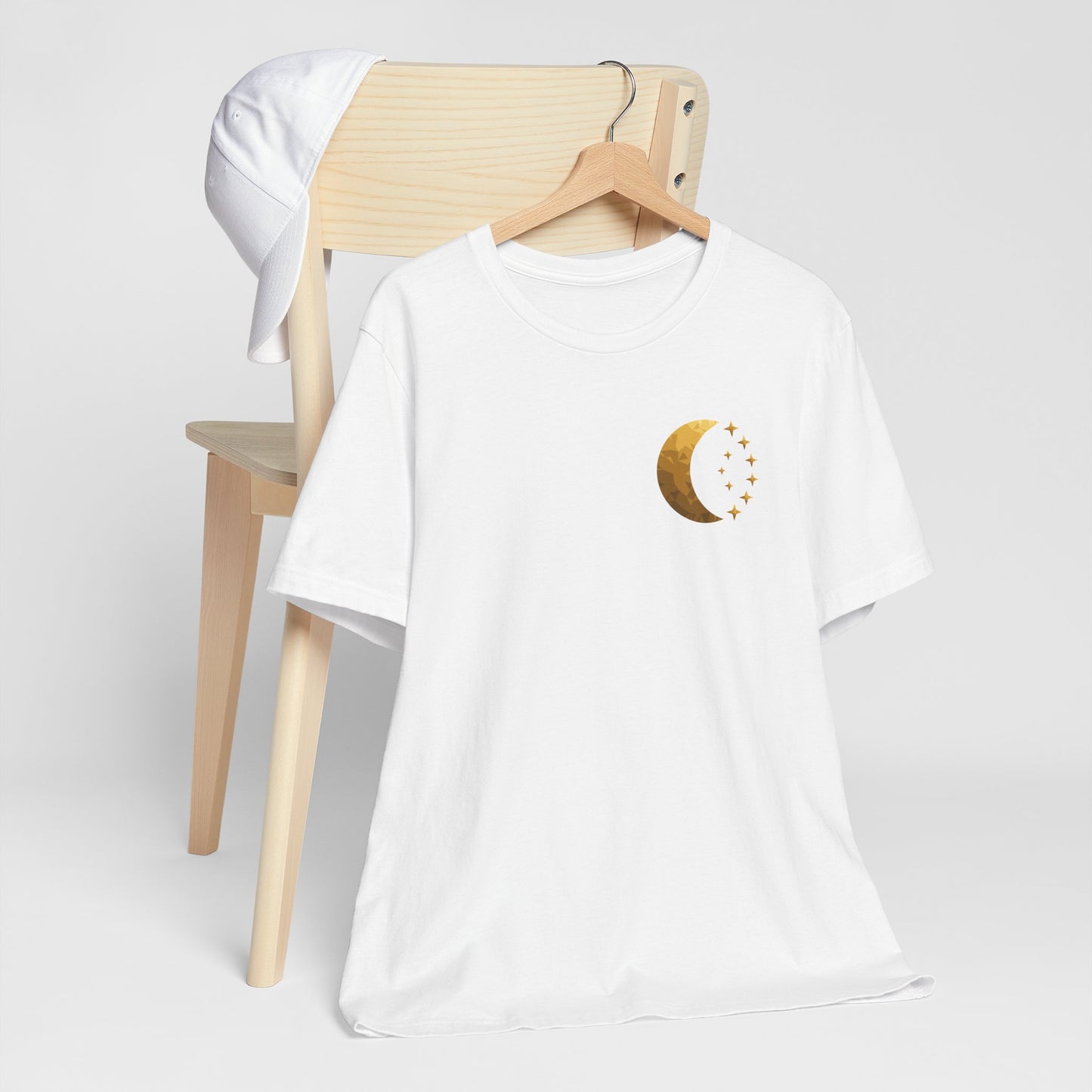 Gold Crescent Moon Tee — Minimal Celestial Graphic T-Shirt