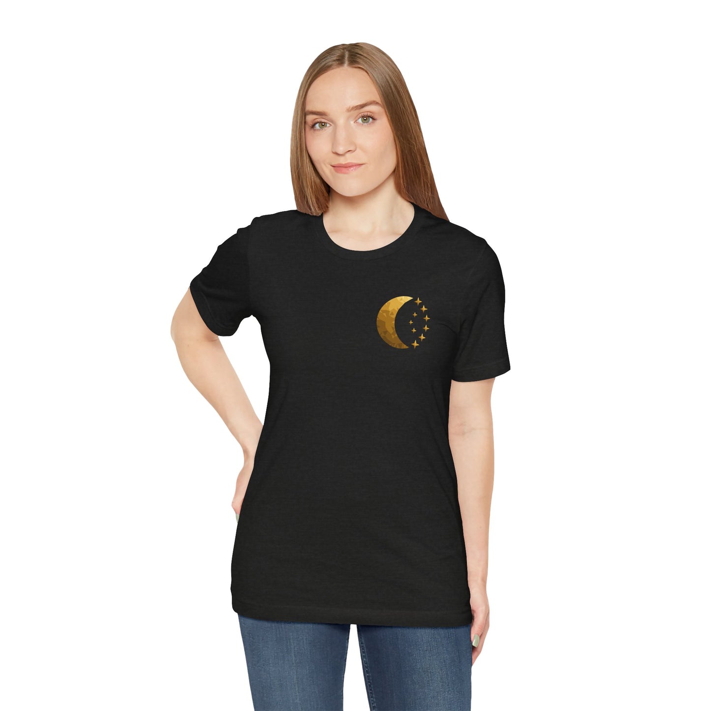 Gold Crescent Moon Tee — Minimal Celestial Graphic T-Shirt