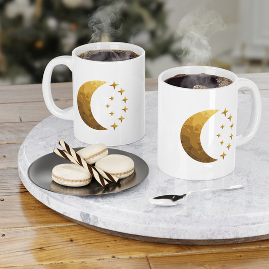 Gold Crescent Moon & Stars Ceramic Mug — Astrological Night Sky Coffee Cup CA