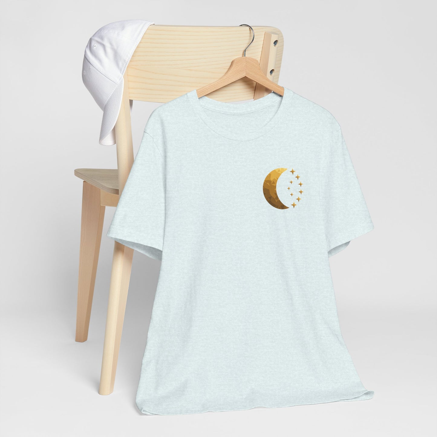 Gold Crescent Moon Tee — Minimal Celestial Graphic T-Shirt