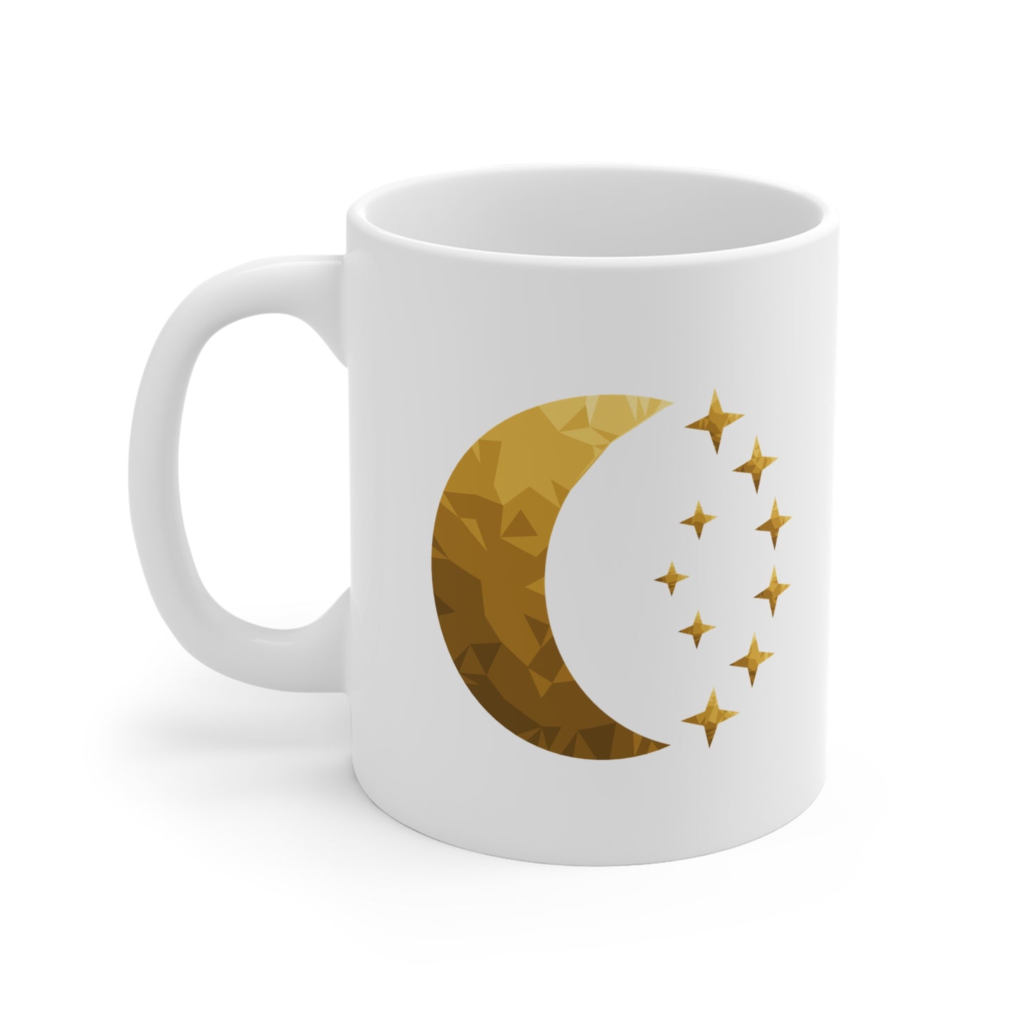 Gold Crescent Moon & Stars Ceramic Mug — Astrological Night Sky Coffee Cup CA