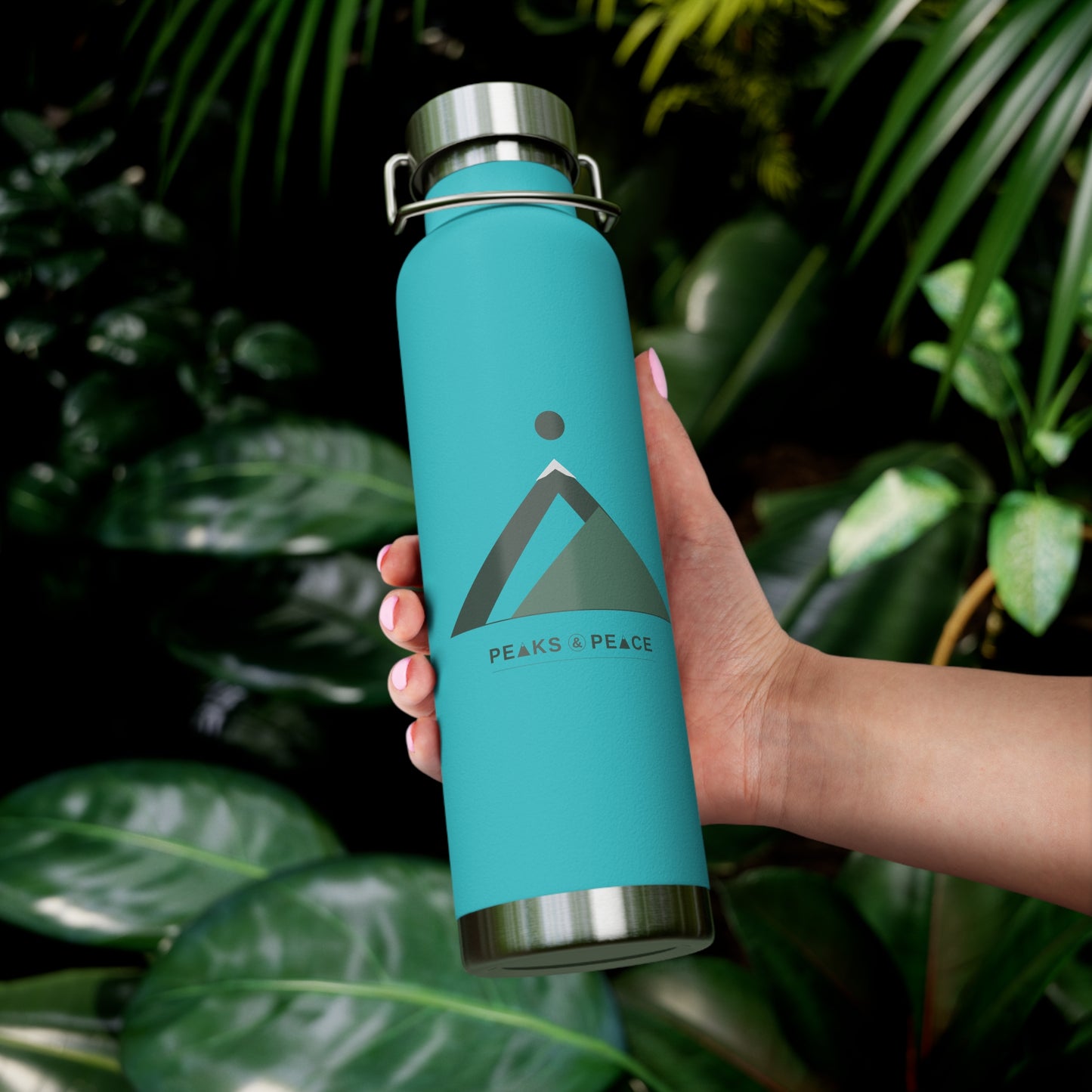 22oz Copper Vacuum Insulated Bottle — Mountain Peak Design, Keeps Drinks Hot & Cold