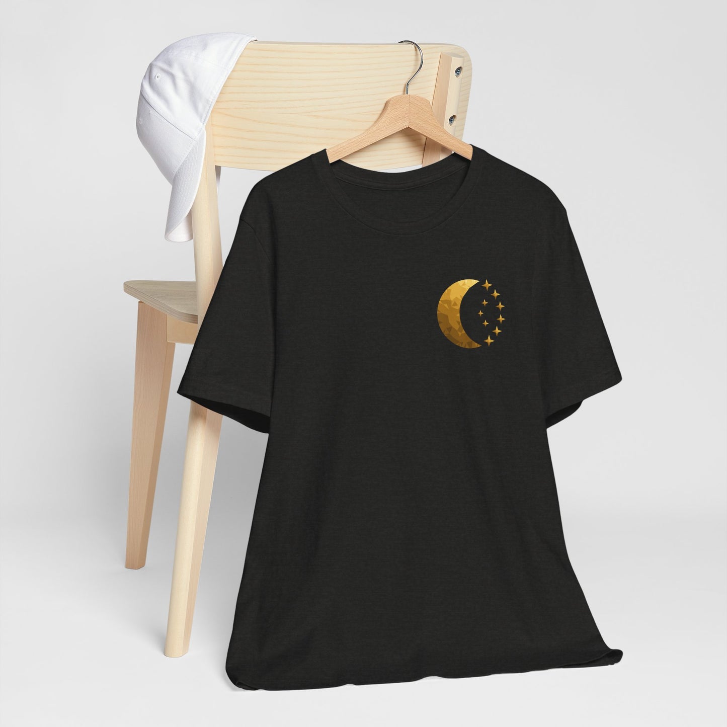 Gold Crescent Moon Tee — Minimal Celestial Graphic T-Shirt