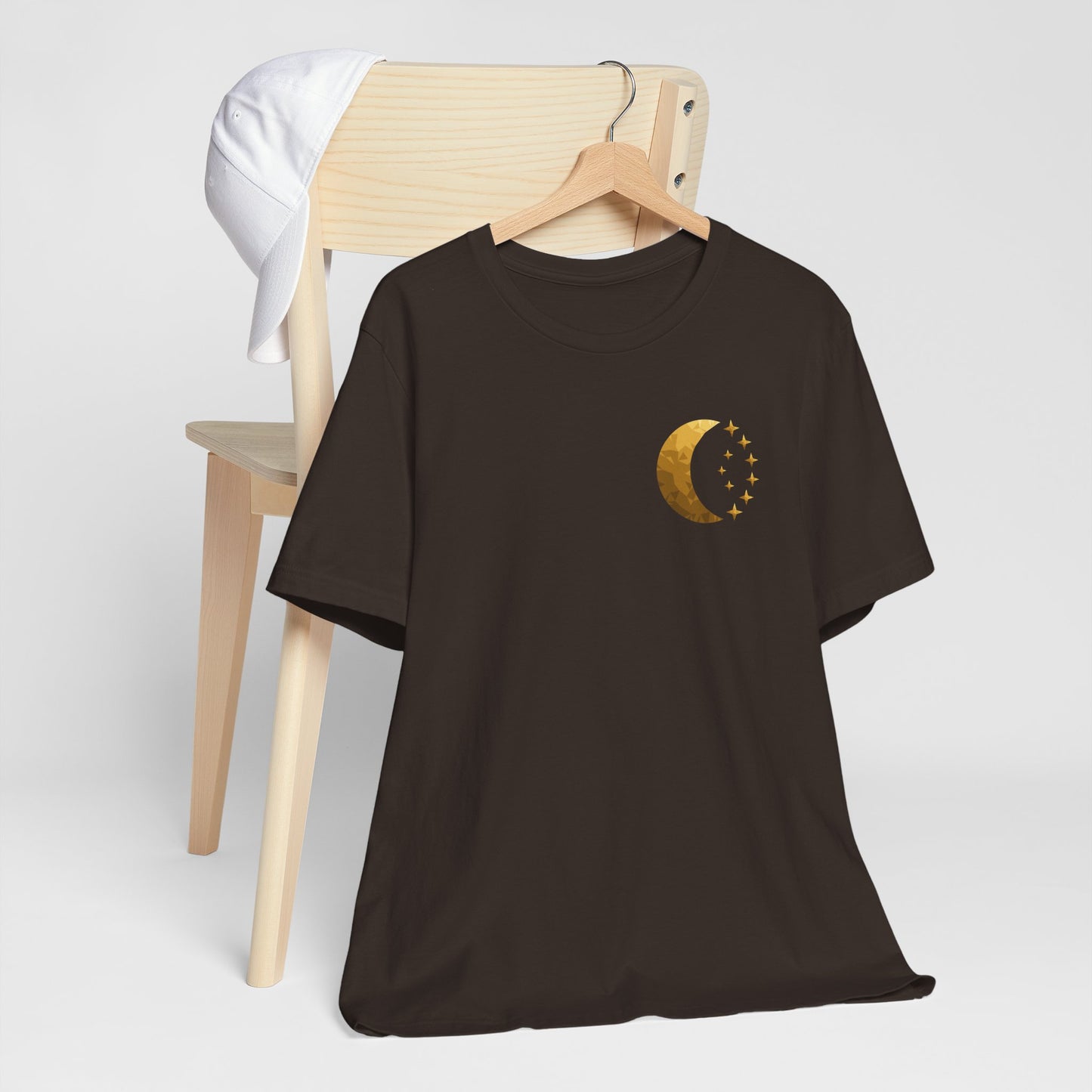 Gold Crescent Moon Tee — Minimal Celestial Graphic T-Shirt