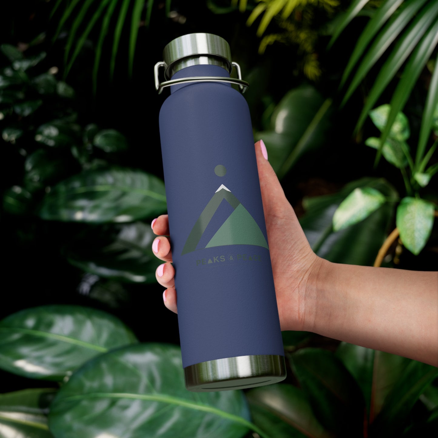 22oz Copper Vacuum Insulated Bottle — Mountain Peak Design, Keeps Drinks Hot & Cold