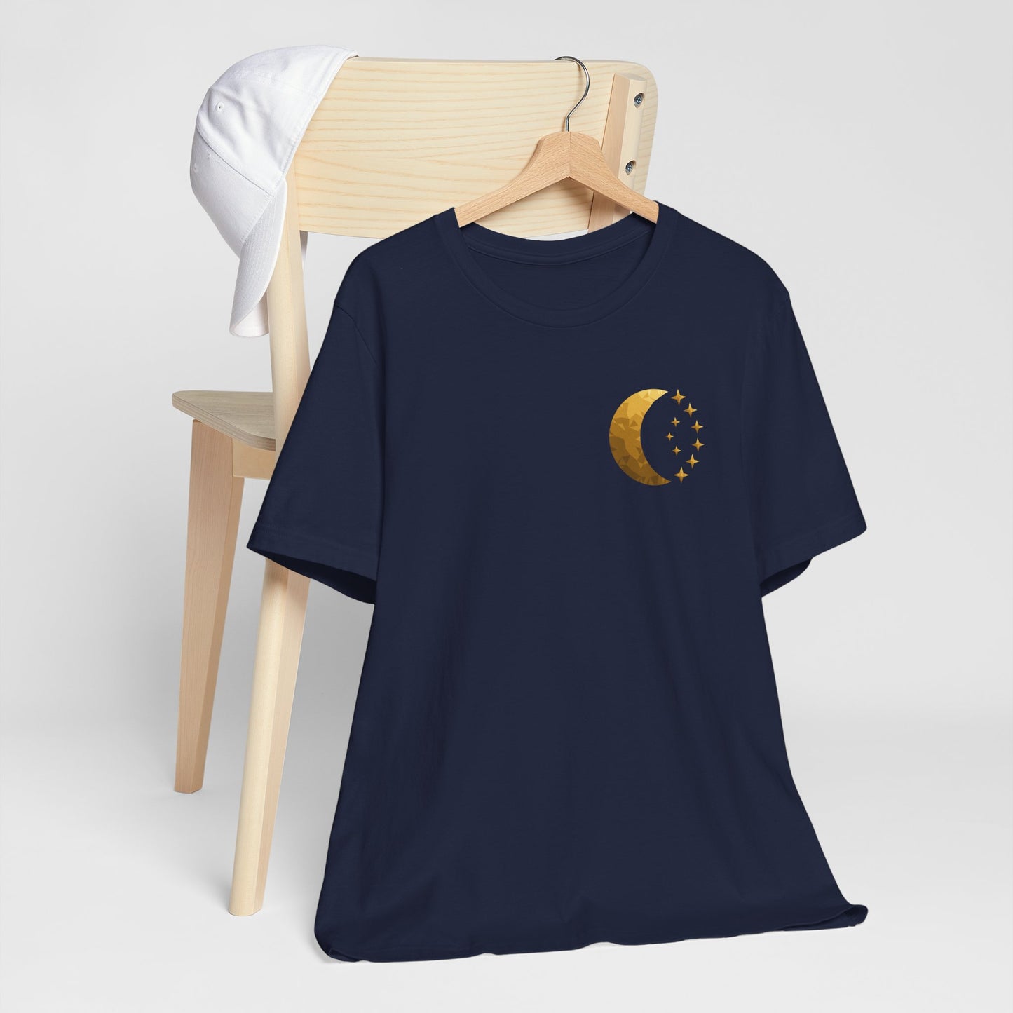 Gold Crescent Moon Tee — Minimal Celestial Graphic T-Shirt
