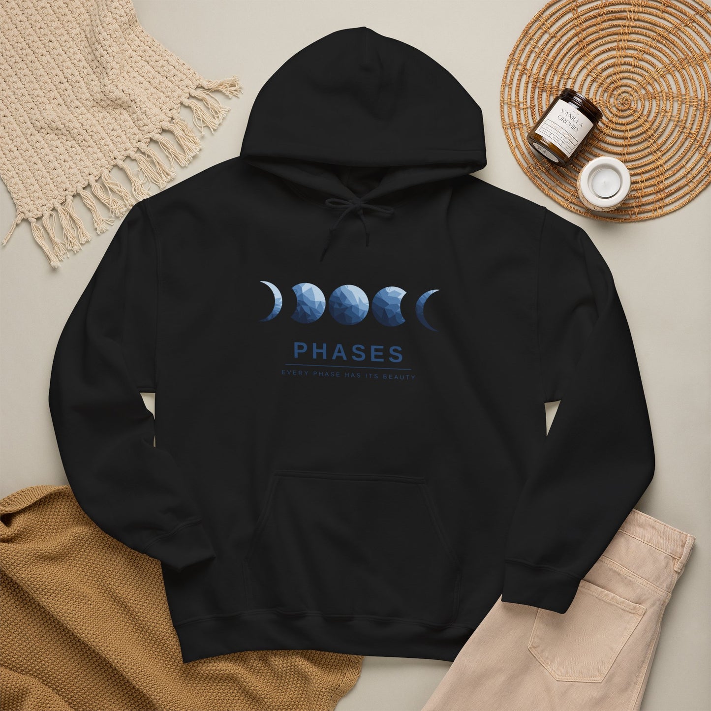 Moon Phases Hoodie — Watercolor Lunar Cycle Pullover